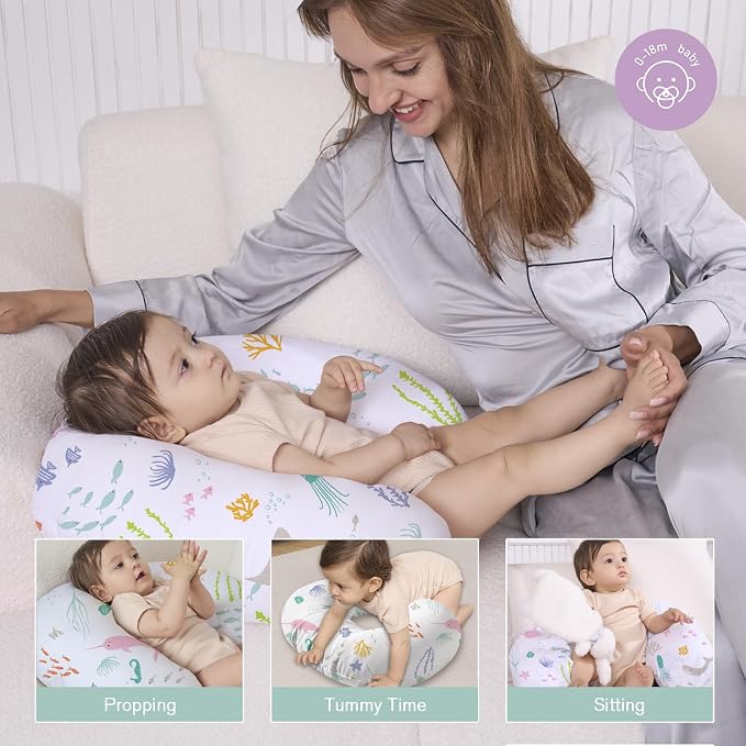 Little Grape Land Nursing Pillow for Breastfeeding, Ergonomic Feeding Pillow with Removable Cover, Baby Feeding Pillow with Hidden Zipper Guard and Supportive Breathable Filling, Ocean, Original