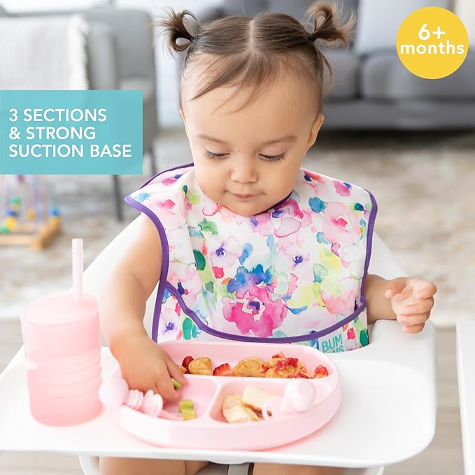 Bumkins Toddler and Baby Suction Plate, Silicone Divided Grip Dish for Babies and Kids, Baby Led Weaning, Children Feeding Supplies, Non Skid Bottom, Platinum Silicone, 6 Months Up, Lavender and Pink