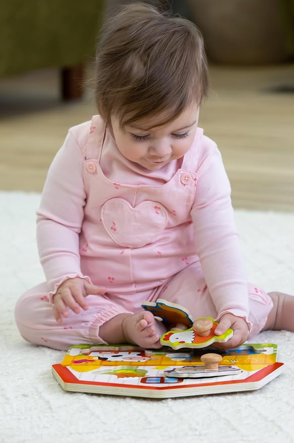 Jasey's Toy Chest Wooden Farm Easy-Grasp Peg Puzzle - 5-Piece Educational Toy Farm Animal Puzzle for Toddlers Ages 18+ Months
