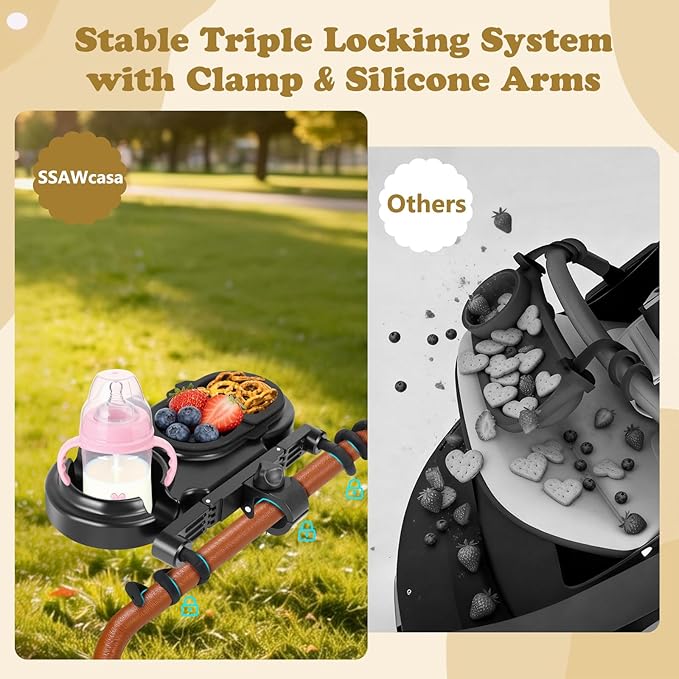 Stroller Snack Tray Cup Holder Attachment, Universal Stroller Accessories for Nuna Mockingbird Bugaboo Uppababy, Detachable Stroller Cup Holder, Baby Toddler Kids Disneyland Travel Disney Essentials