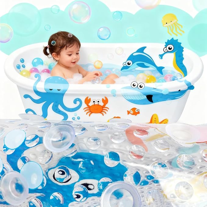 PTAPIPI Sea Animal Kids Bath Mat - 27x15 Inch Oval PVC Mat with Suction Cups, Machine Washable, Colorful Design for Children (Cute Cartoon Octopus)