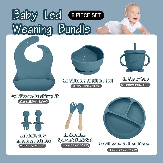 Baby Led Weaning Supplies, 8 Piece BPA-Free Silicone Feeding Set, Silicone Suction Bowl, Forks & Spoons, Bib & Cup, Develops Self Feeding Skills, Dishwasher Safe, for 6+ Months (Blue)
