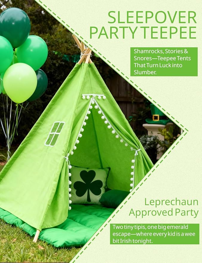2 Pack Teepee Tent for Kids, Children Play Tents for Girls & Boys Slumber Party, Cotton Linen Playhouse Sleepover Tent with Pompom & Lights