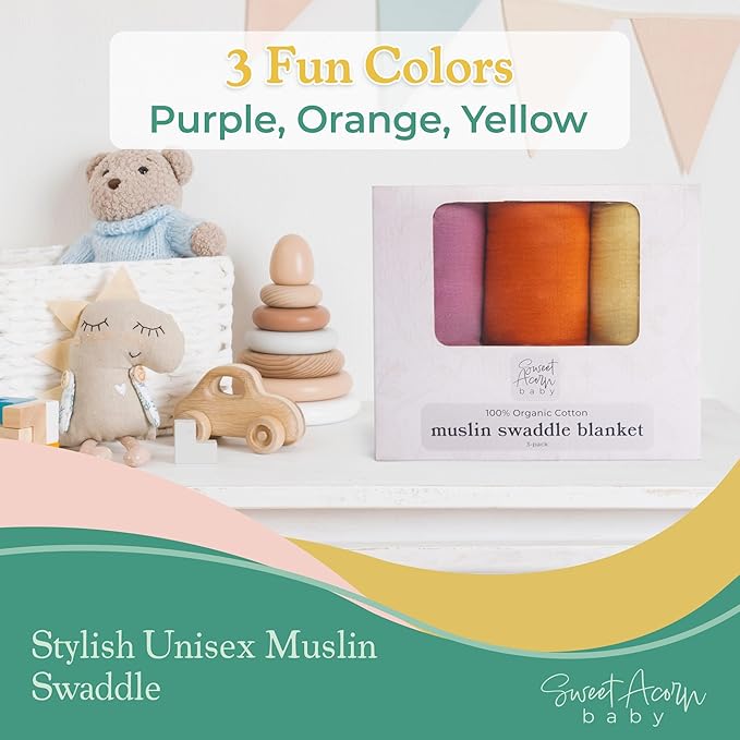 Muslin Swaddle Blanket ??Soft Cotton Muslin Baby Blanket for Newborns, Infants, and Toddlers, All-Season Comfort Baby Essential - Purple, Orange, Yellow