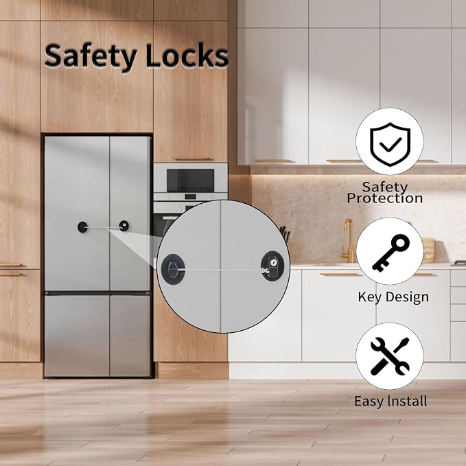 Fridge Lock with Key, Safety Lock for Refrigerator, Cabinet, Drawer, Window – Easy to Install, No Drilling(2 Pack, Oval Black)