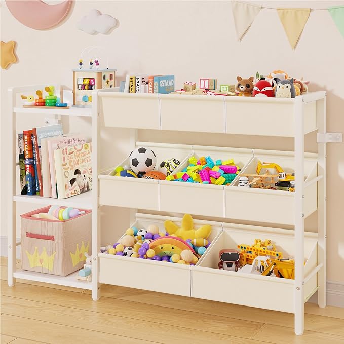 B7 Toy Storage Organizer with 3-Tier Wooden Shelves, Toy Chest Storage with 8 Bins, Toy Shelf Organizer, Kids Bookshelf and Toy Storage for Kids Room, Bedroom, Playroom, Nursery