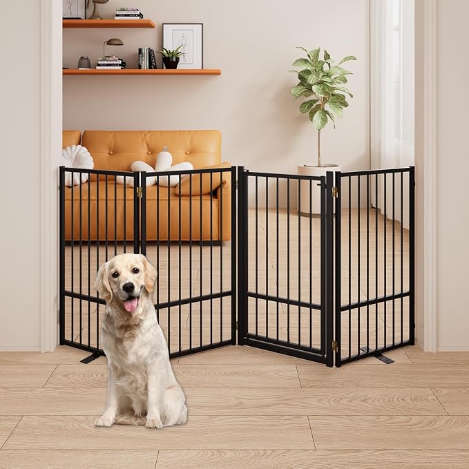 4 Panels Full Metal Freestanding Dog Gates with Door, 80” W x 36” H Folding Pet Gate Fence with Support Feet for Indoor,Stairs, Hallways and Doorways(Black)