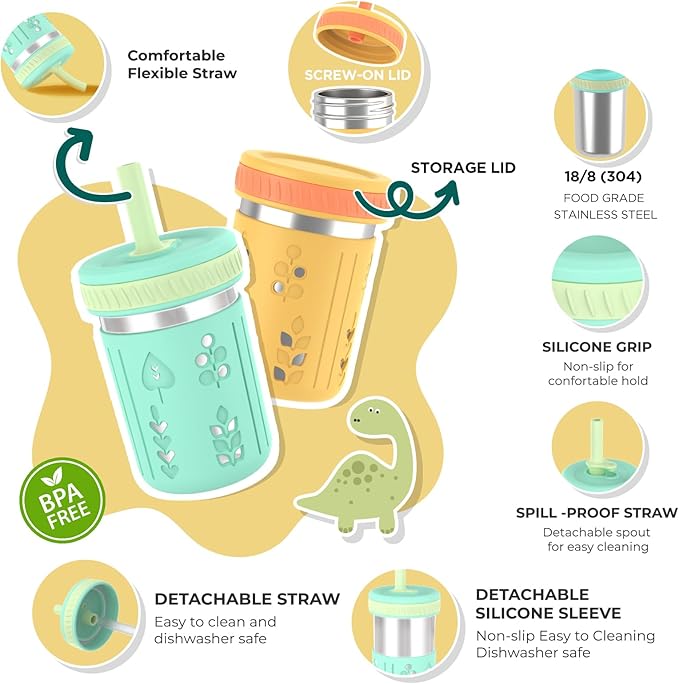 Tronco [2 Pack] 10 oz 2-in-1 Stainless Steel Kids Tumbler Cups with Silicone Sleeves, Spill-Resistant Flexible Straws & Storage Lids, BPA-Free Smoothie and Snack Cups, Dishwasher Safe