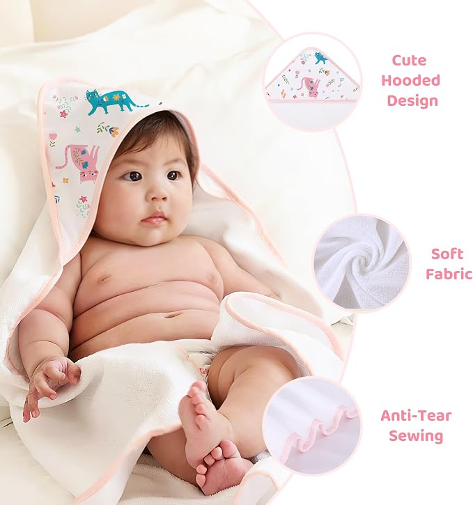 Mooreeke Baby Towel with Hood for Girls Pink Cat Flower Bath Towel for Babies Ultra Soft Absorbent 3 PCS Baby Towels and 3 PCS Washcloths for Newborn Essentials