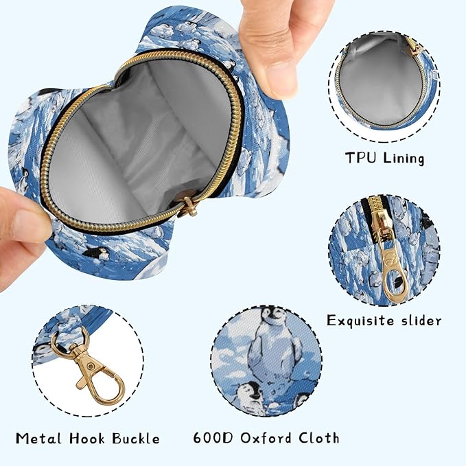 Pacifier Holder with Clip Pacifier Case for Diaper Bag Round Baby Pacifier Pouch Box Bag Portable Blue Penguins Ice Floes Snow Water