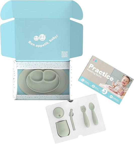 ezpz Kit 3: Practice Feeding Skills (Sage) - Tools to Help Your Toddler Practice Scooping, Piercing, Straw Drinking, and Self-Feeding - Toddler Essentials & Gifts