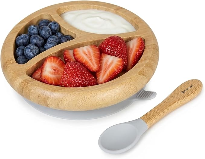 Abiie Octopod Bamboo Dish - Kids Plates for 4 months and up, 3-Compartment Baby Plates with Suction, Round Bamboo Baby Plate, Mess-Free Toddler Suction Plates, Baby Feeding Supplies, 7.5 x 7.5 x 1.9in