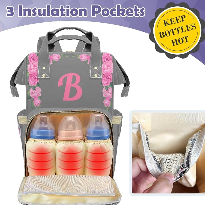 Custom Diaper Bag with Name Personalized Multifunctional Mommy Backpack for Daughter Granddaughter, Grey Daypack Bag for Travel
