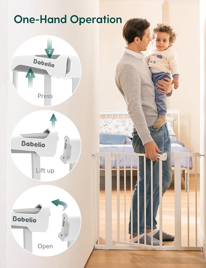 Babelio Baby Gate for Doorways and Stairs, 36??Tall Pet Gate, PressGuard P7 with Auto Close Design, 29"-43" Wide Easy Install Pressure Mounted, Safety Gate Door for Child and Pet, White