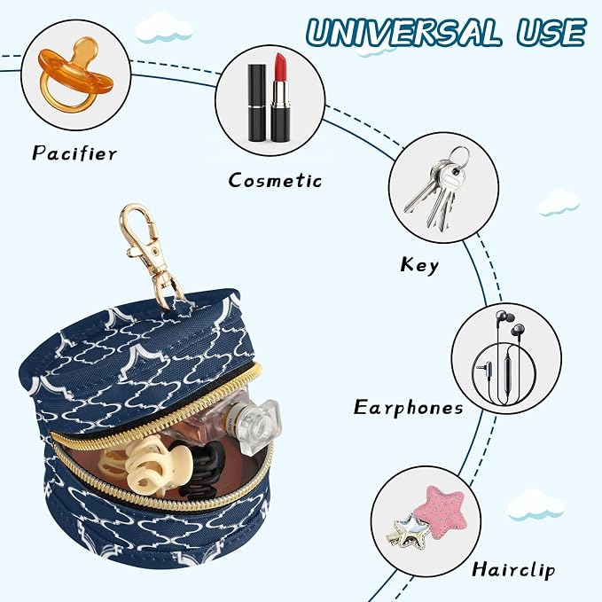 Pacifier Holder with Clip Pacifier Case for Diaper Bag Round Baby Pacifier Pouch Box Bag Portable Navy Blue Geometric Quatrefoil