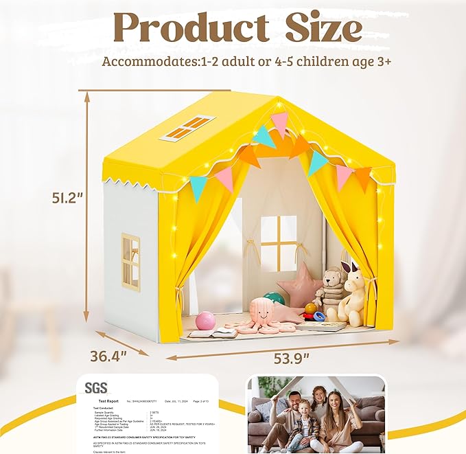 Kids Tent,Indoor & Outdoor Kid Playhouse 2 in 1 with Lights and Mat,54" x36.5" x 51" Large Play Tents with 2 Doors & 5 Windows,Yellow