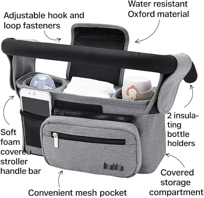 Universal Stroller Organizer with Insulated Cup Holder, Detachable Phone Bag, Shoulder Strap ??Fits All Stroller Types, Keeps Drinks Hot/Cold (Grey)