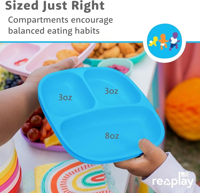 Re-Play Toddler Dinnerware Set - 3 Divided Plates with 3 Fork and Spoon Sets - BPA-Free Kids Tableware - Dishwasher Safe - Made in USA from Recycled Materials, True Blue