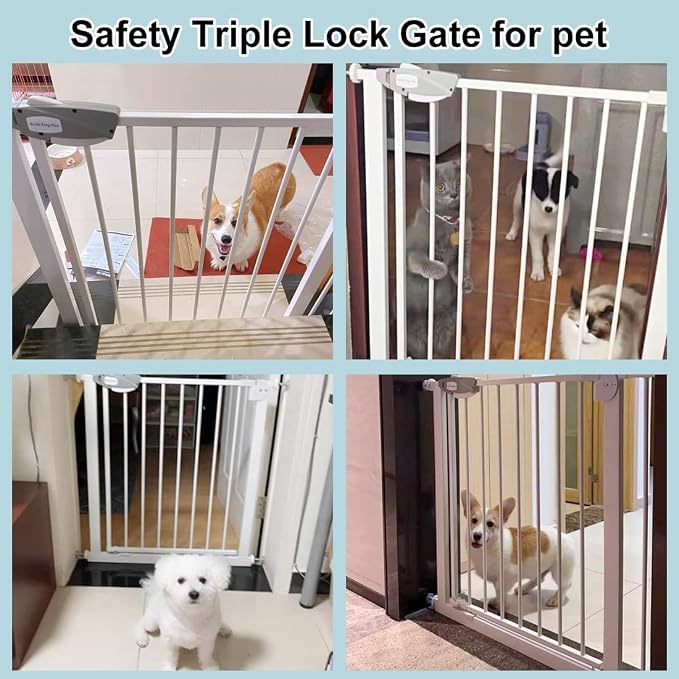 WAOWAO Triple Lock Baby Gate Extra Wide 81.49-85.82" Pressure Mounted Walk Through Swing Auto Close Safety White Metal Dog Pet Puppy Cat for Stairs,Doorways,Kitchen