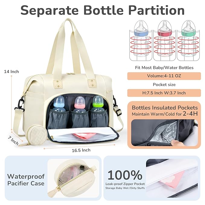 Tenot Diaper Bag Tote with Pacifier Case, Baby Bag for Women with Shoulder Straps, Travel Diaper Tote for for Mom and Dad Beige