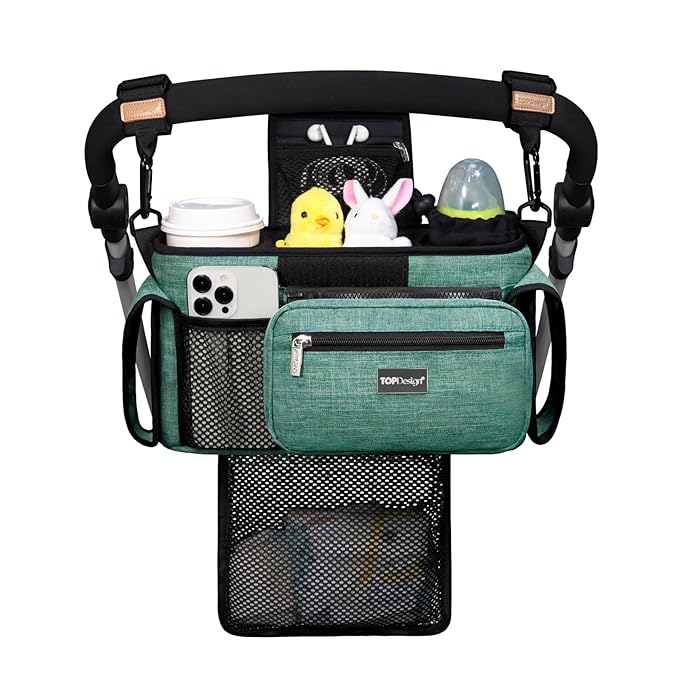 TOPDesign Universal Baby Stroller Organizer, Stroller Caddy with Detachable Mesh Bag & Heightened Insulated Cup Holders & Non-Slip Secure Hooks Accessories, Fits Most Strollers (Green)