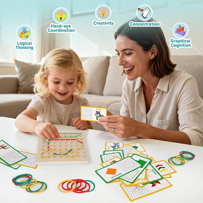 Skrtuan Wooden Geoboard for Kids - Montessori STEM Educational Toy with Pattern Cards & Rubber Bands,Early Fine Motor Skill Learning Shape Puzzle & Brain Teaser Geo Board for Boys Girls Ages 3+