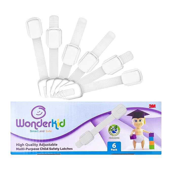 Adjustable & Reusable Child Safety Cabinet Locks & Latches, Baby Proofing Door Window, Cabinet, Toilet, & Refrigerator Lock, Child Safety Strap Locks with Adhesive Pads, Pack of 6, White - Wonderkid