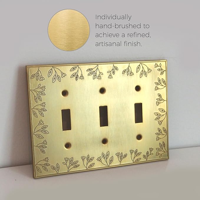 Rio Salto Brushed Brass Gold Metal Triple Toggle Switch Plate Flip Switch Outlet Covers Light Switch Cover Floral Botanical Vintage Wall Plates ??Floral Collection 1-Pack Midsize 6.94" x 5.00"