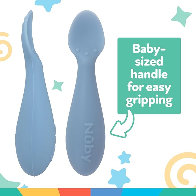 Nuby Silicone Mini Spoons - (2-Pack) Baby-Led Weaning Spoons for Babies - 4+ Months - Blue