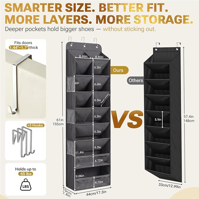 8 Tier Hanging Shoe Organizer – 100D Extra Thick Deep Pockets, Shoe Rack for Closet, Shoe Rack for Entryway, Over the Door Shoe Organizer for Closet with 6 Side Pockets for Boots (Transparent)