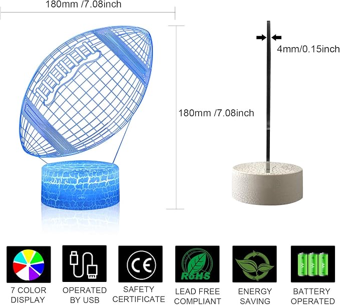 Rugby Night Light,3D Illusion Football Lamp for Kids Sprot Fans with 16 Colors Changing Remote Control&Smart Touch Bedroom Decor Lamp Holiday Xmas Birthday Gift