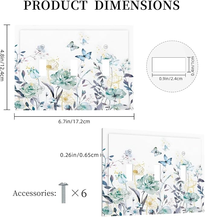Romantic Floral Butterfly Leaf Flower Golden Pollen Decorative Switch Plates 3 Gang Wall Plate Triple Toggle Light Switch Cover Faceplate Electrical Wall Panels for Bedroom Living Room Decor