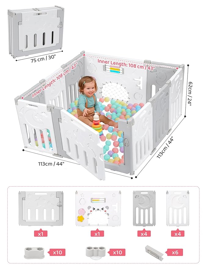 Baby Playpen, Dripex Baby Playard for Babies and Toddlers, 10-Panel Foldable Playpen Adjustable Portable Play Area, Indoor/Outdoor Kids Active Center with Game Panel & Safety Gate, Grey White