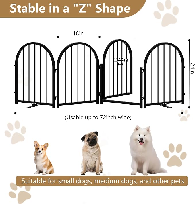 PUPETPO Full Metal Dog Gate with Door for Indoor Outdoor, 24" Tall Free Standing Pet Dog Fence, 72" Extra Wide Pet Gates for Stairs, Hallways, Doorways, Kitchen, Decks, Yards (Black, 4 Panels)