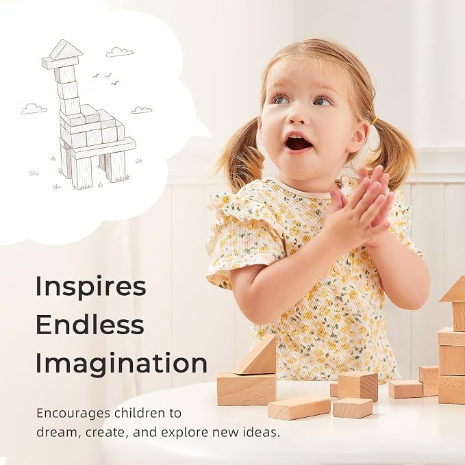 100pcs Natural Beech Wooden Building Blocks for Toddlers 1-3, Wooden Blocks for Baby Shower with Storage Bucket, Montessori Toys for Preschool Girls and Boys