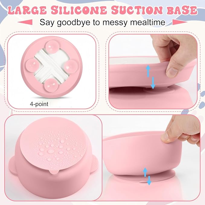 Domensi 4 Pcs Porcelain Kids Plates and Bowls Sets with Suction, 2 Ceramic Toddler Divided Plates 2 Baby Anti Slip Silicone Sleeve Bowls for Feeding Supplies Microwave Dishwasher Safe (Blue,Pink)