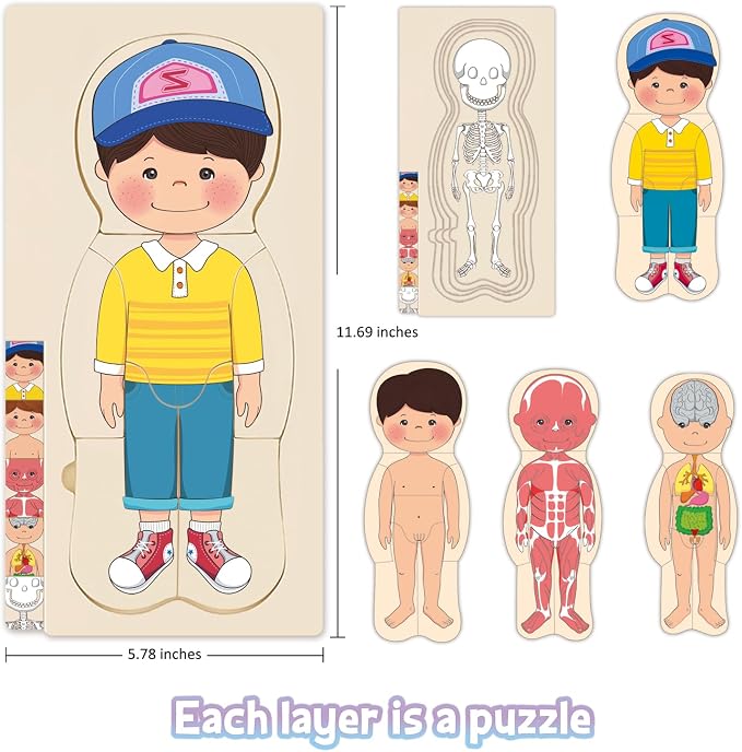 Wooden My Body Puzzle for Toddlers & Kids, Boys Montessori Anatomy Puzzle Kid Play Set, Preschool Game Learning Human Body Skeleton Toys for Kids Ages 3-5