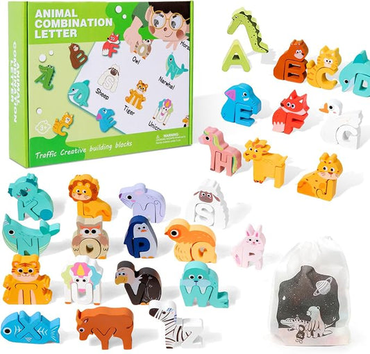 Wooden Alphabet Puzzle for Kids Ages 3-5 - 52pcs ABC Animal Matching Game with Storage Bag, Montessori Learning Toys, 3D Letter Recognition Puzzle, Non-Toxic Educational Gift for Toddlers