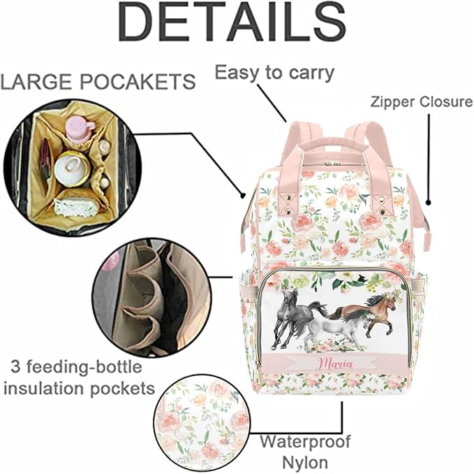 Personalized Cute Diaper Bag Backpack with Name Customized Floral Horse Mommy Bags for Moms with Muti Pockets Custom Portable Nappy Bag Travel Backpack with Large Capacity for Women