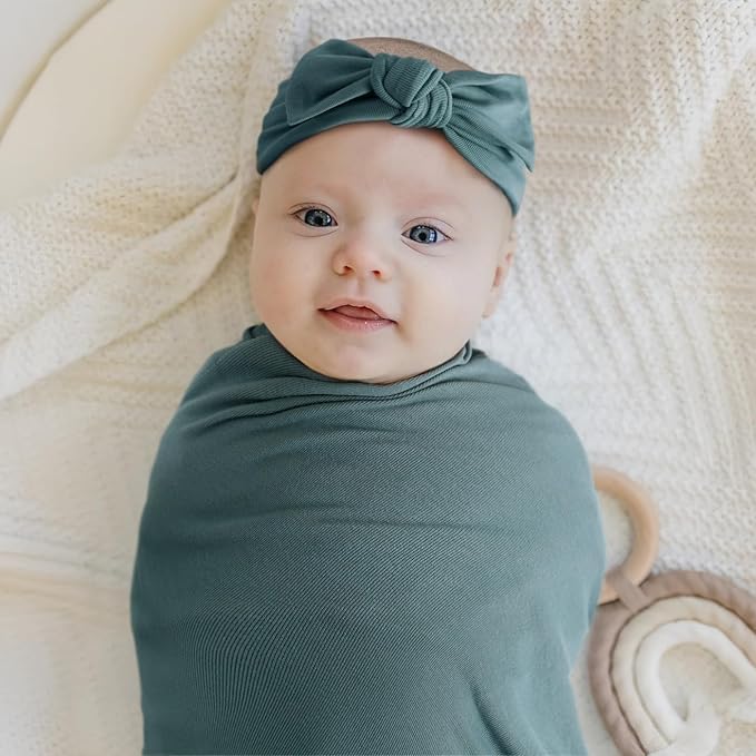 GRSSDER Newborn Swaddle Blanket, Ultra Soft Jersey Receiving Blanket with Matching Headband and Beanie Set 33×44", Stretchy Baby Neutral Swaddle Wrap for Girls and Boys