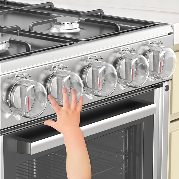 AOSITE Stove Knob Covers for Child Safety - 5 Pack Upgraded Gas Stove Knob Covers with Strong Adhesive, Double Design Childproof Oven Knob Covers for Kids and Pets, Stove Guard Baby Proofing