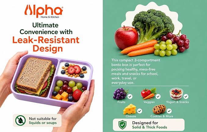 Silicone Bento Box for Kids, 3 Compartment Lunch Box, Small Portions, BPA Free Snack Container, Leak Resistant, Easy to Clean, Dishwasher Safe