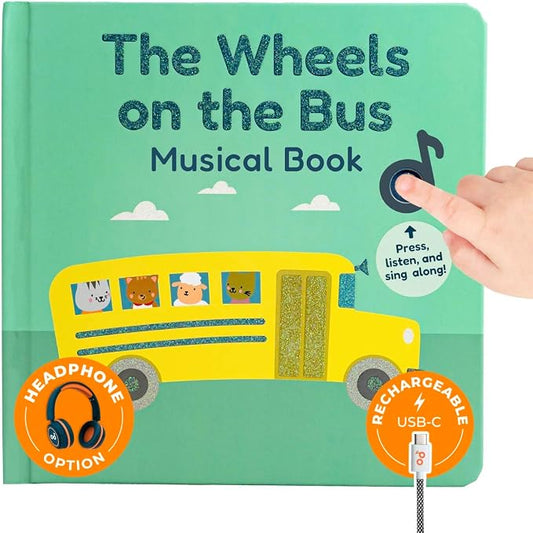 Calis Books The Wheels on the Bus Book - Rechargeable Musical Book, Headphone Jack, Books for 1 Year Old, Musical Book for Toddlers 1-3, Musical Toy Toddlers