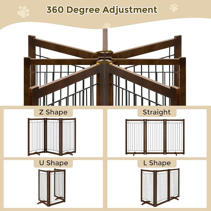 Acovy Wire Dog Gate Solid Wood Frame, Anti-Chewing, 3-Panel, 36" Height, 60" Width, Indoor Freestanding Pet Gate Foldable Wooden Dog Fences for Stairs, House, Doorway, Walnut Color