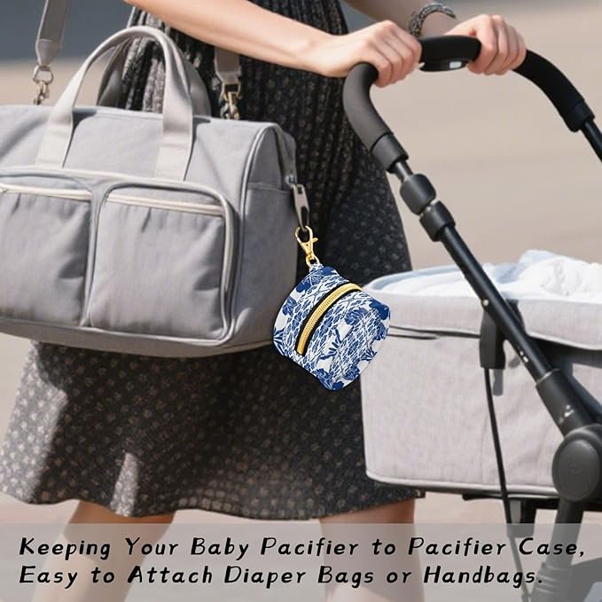 Pacifier Holder with Clip Pacifier Case for Diaper Bag Round Baby Pacifier Pouch Box Bag Portable Blue and White Geometric Flowers