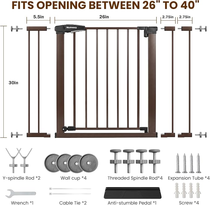 Baby Gate with Door, 26-40" Auto Close Dog Gate Indoor for Stairs Doorways, Easy Install Pressure Mounted Pet Gate, Easy Walk Through Child Safety Gate for the House, Brown