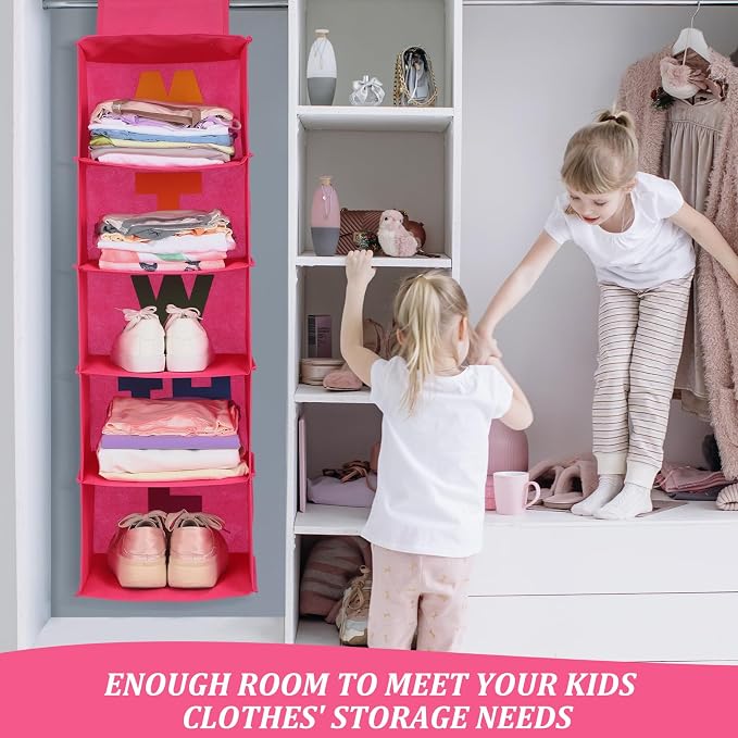 Hahafelt 2 Pcs 5 Shelf Weekly Clothes Organizer for Kids Hanging Closet Organizer Weekday Daily Activity Clothes Storage Days of the Week Outfit Storage for Monday Through Friday(Rose Red)
