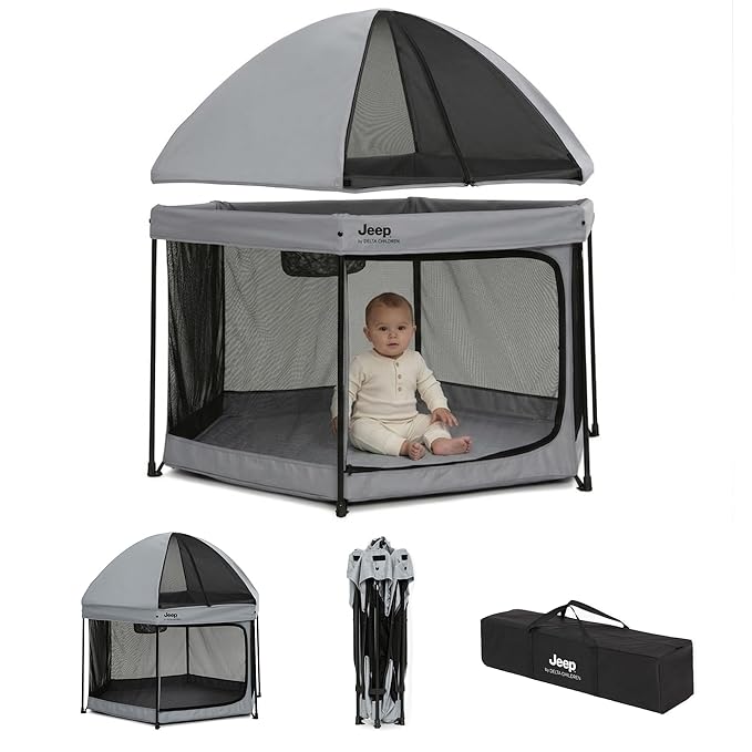 Jeep Hexagon Pop Up Play Yard with Removable Canopy | Ideal for Indoor and Outdoor Use, Grey