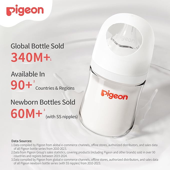 Pigeon PP Nursing Bottle Wide Neck, Anti-Colic, Streamlined Body, Natural Feel, Easy to Clean, 8.1 Oz(Pack of 4), Includes 4pcs M Nipples (3m+)