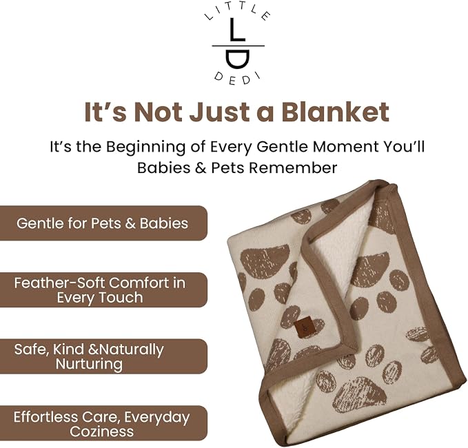 100% Organic Cotton Pet Blanket 30 x 38 in – Plush Double Layer Sherpa, Amber Glow Paw Jacquard Knit, Cozy Throw for Small Dogs, Cats & Baby – Earth Ivory/Mocha Meringue